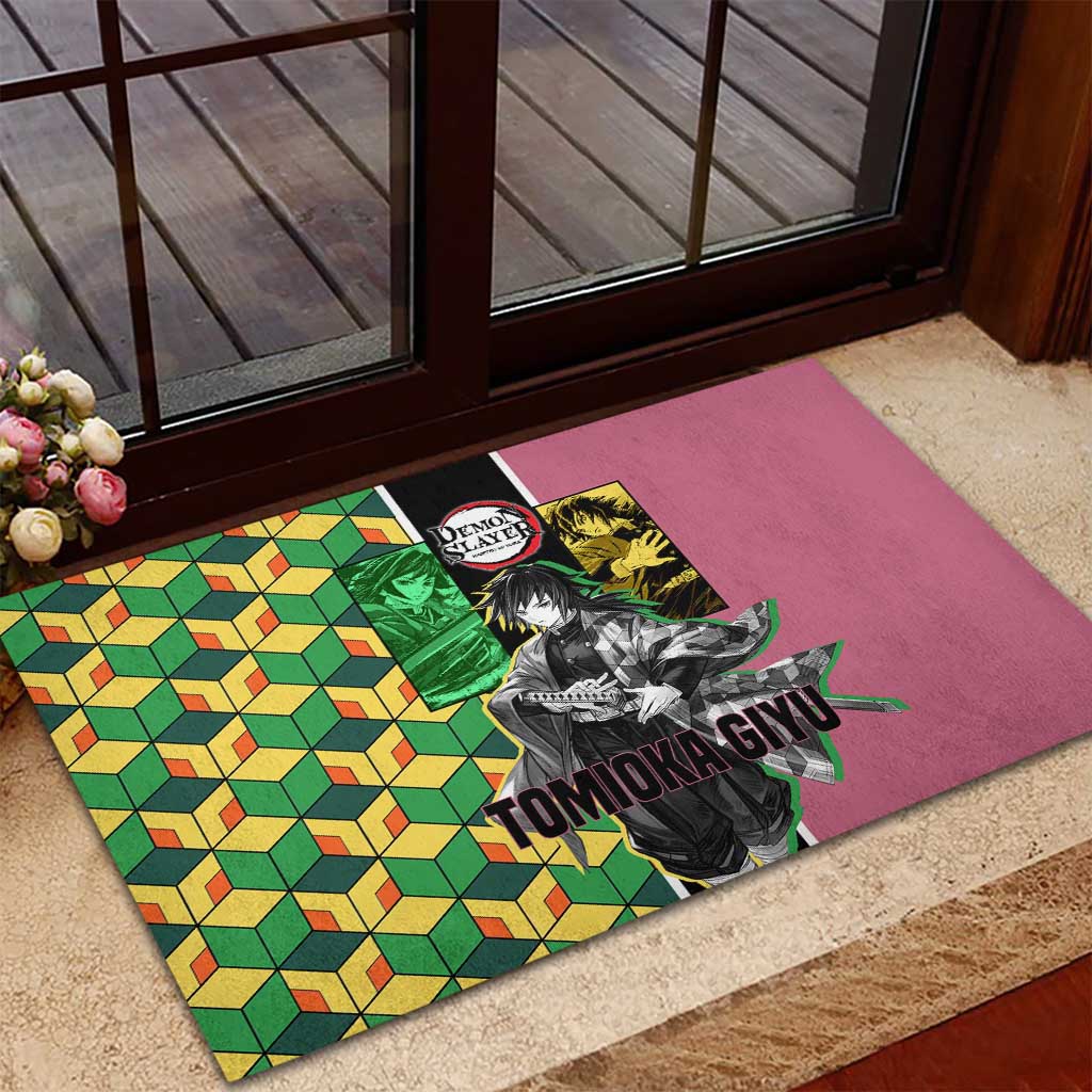 Giyu Tomioka from Demon Slayer Rubber Doormat with Geometric Pattern Sleeve and Pink and Black Manga Panel Design - The Mazicc