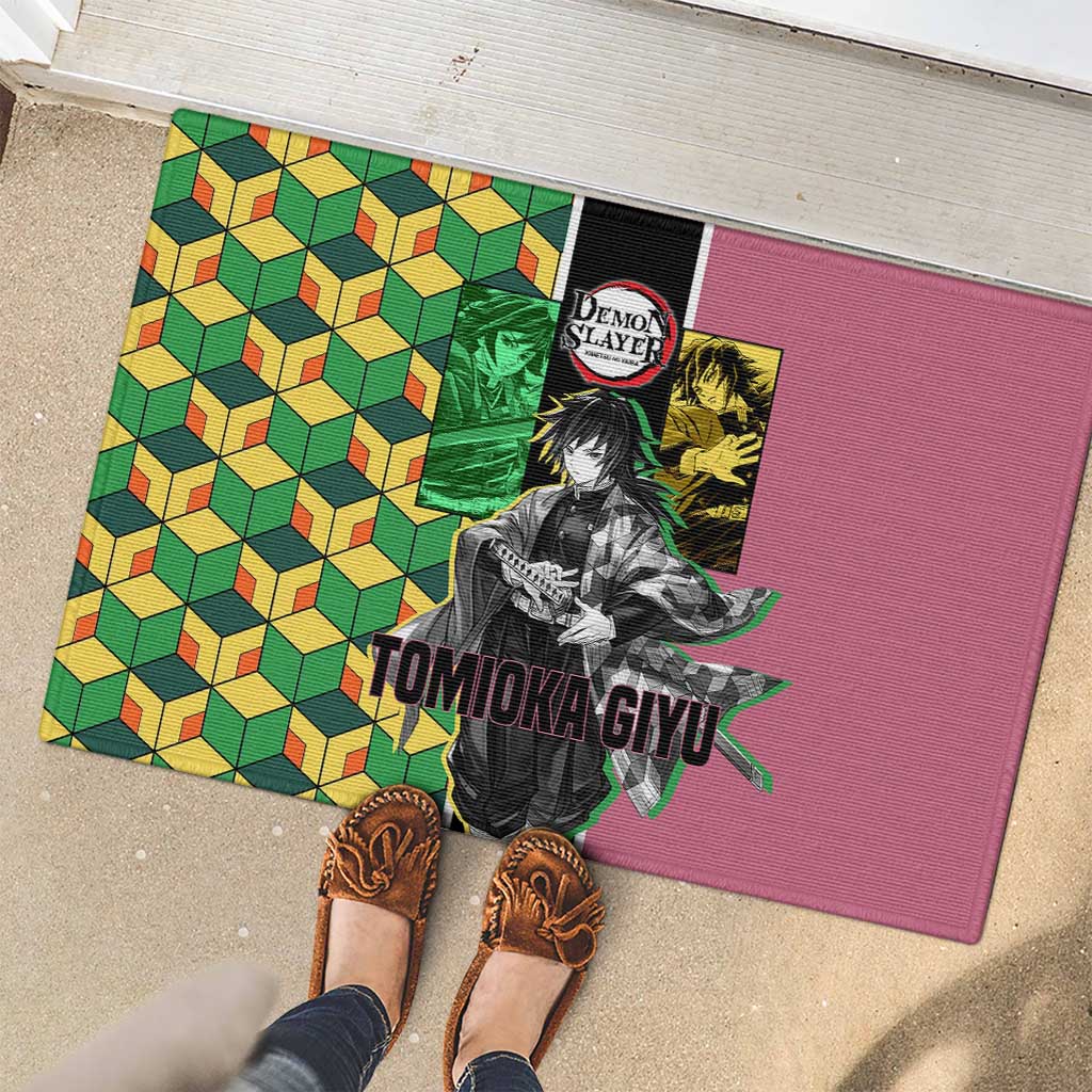 Giyu Tomioka from Demon Slayer Rubber Doormat with Geometric Pattern Sleeve and Pink and Black Manga Panel Design - The Mazicc