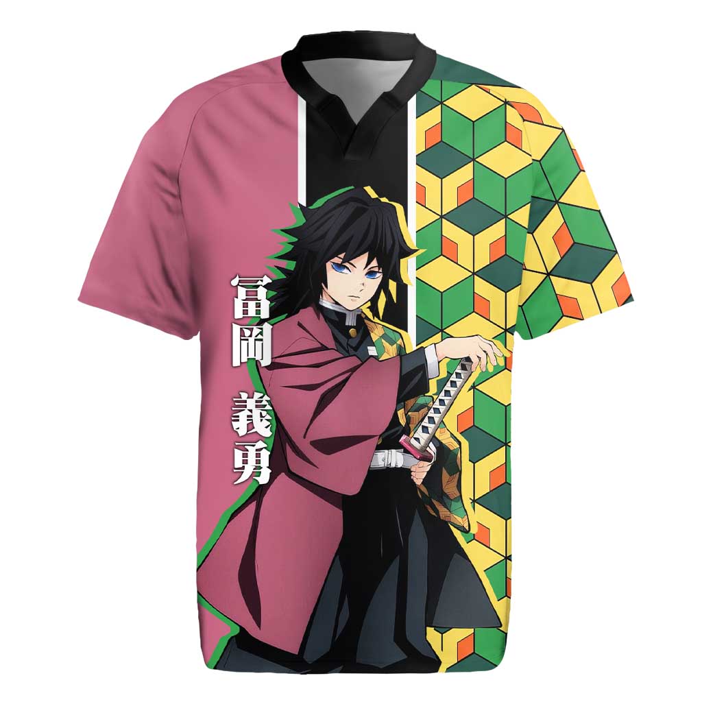 Giyu Tomioka from Demon Slayer Rugby Jersey with Geometric Pattern Sleeve and Pink and Black Manga Panel Design - The Mazicc