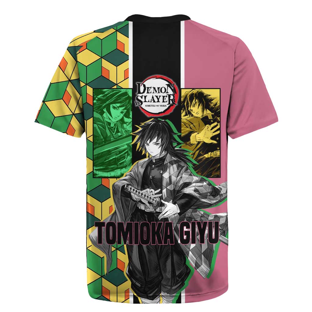 Giyu Tomioka from Demon Slayer Rugby Jersey with Geometric Pattern Sleeve and Pink and Black Manga Panel Design - The Mazicc