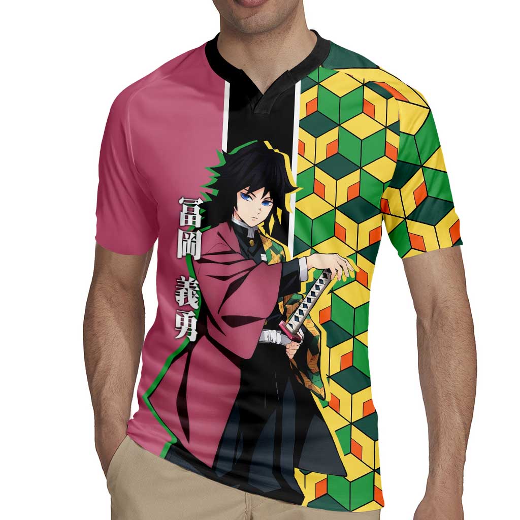 Giyu Tomioka from Demon Slayer Rugby Jersey with Geometric Pattern Sleeve and Pink and Black Manga Panel Design - The Mazicc