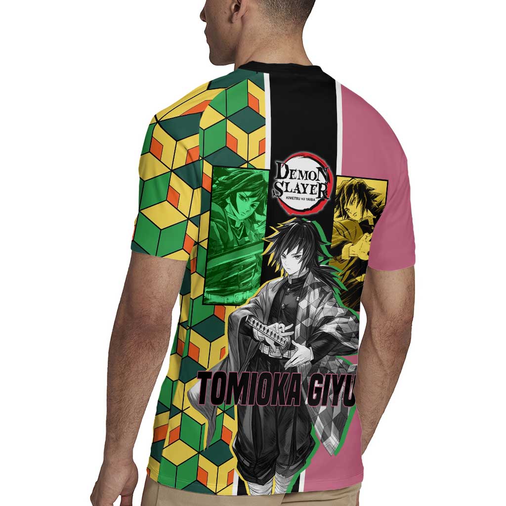 Giyu Tomioka from Demon Slayer Rugby Jersey with Geometric Pattern Sleeve and Pink and Black Manga Panel Design - The Mazicc