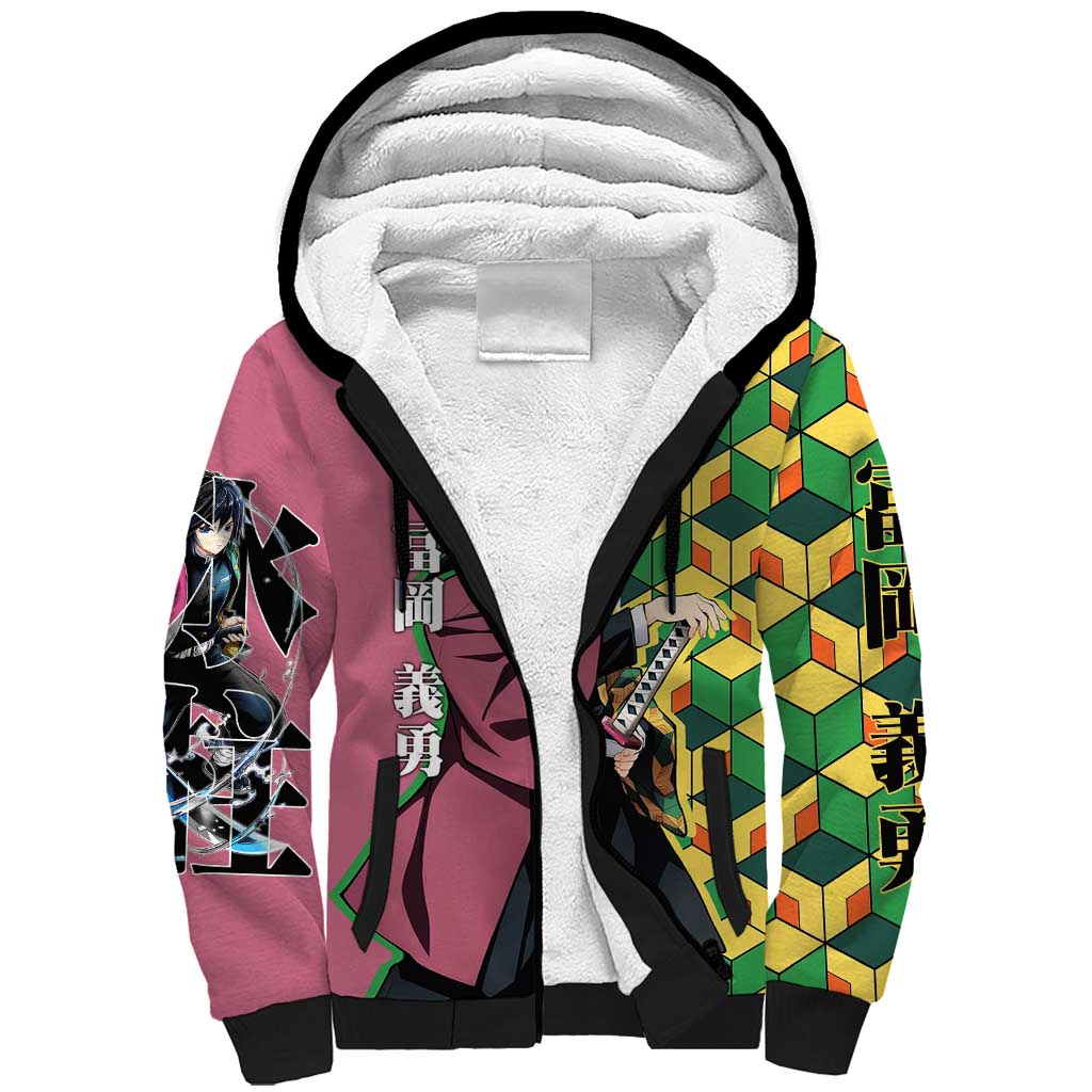 Giyu Tomioka from Demon Slayer Sherpa Hoodie with Geometric Pattern Sleeve and Pink and Black Manga Panel Design - The Mazicc
