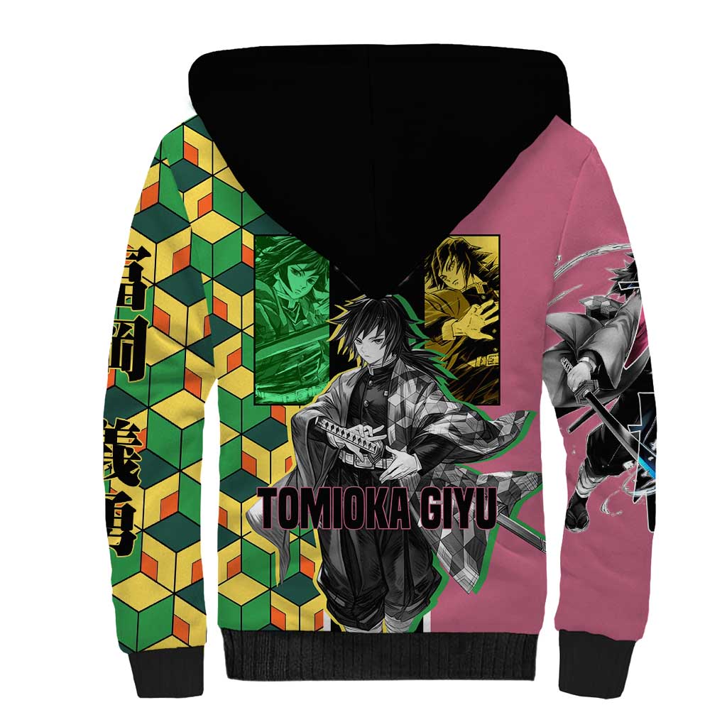Giyu Tomioka from Demon Slayer Sherpa Hoodie with Geometric Pattern Sleeve and Pink and Black Manga Panel Design - The Mazicc