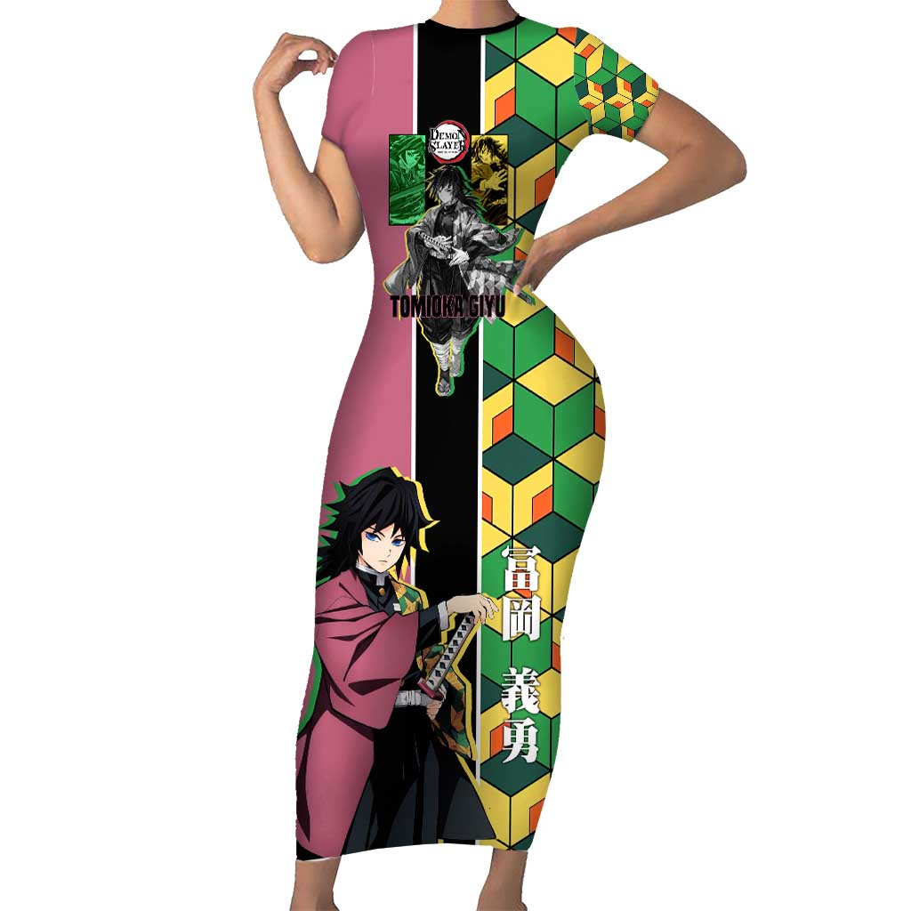 Giyu Tomioka from Demon Slayer Short Sleeve Bodycon Dress with Geometric Pattern Sleeve and Pink and Black Manga Panel Design - The Mazicc