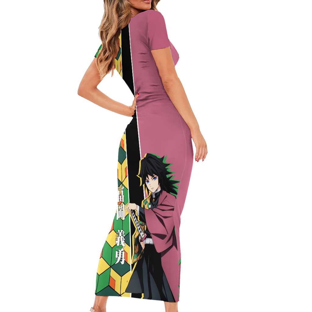 Giyu Tomioka from Demon Slayer Short Sleeve Bodycon Dress with Geometric Pattern Sleeve and Pink and Black Manga Panel Design - The Mazicc