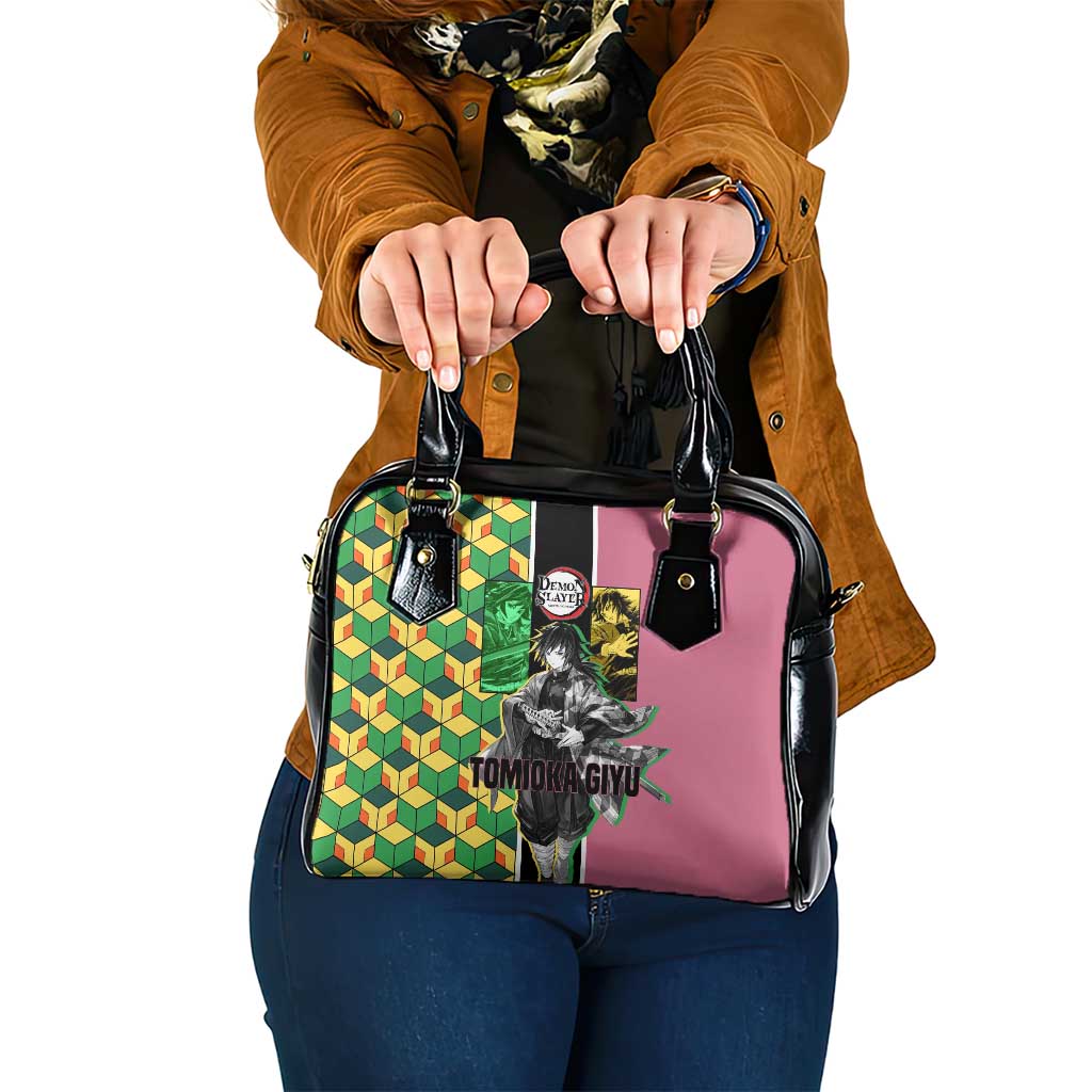 Giyu Tomioka from Demon Slayer Shoulder Handbag with Geometric Pattern Sleeve and Pink and Black Manga Panel Design - The Mazicc