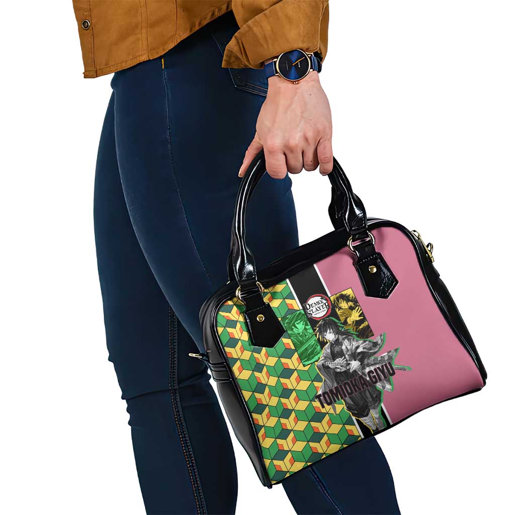 Giyu Tomioka from Demon Slayer Shoulder Handbag with Geometric Pattern Sleeve and Pink and Black Manga Panel Design - The Mazicc