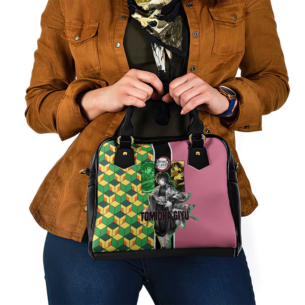 Giyu Tomioka from Demon Slayer Shoulder Handbag with Geometric Pattern Sleeve and Pink and Black Manga Panel Design - The Mazicc