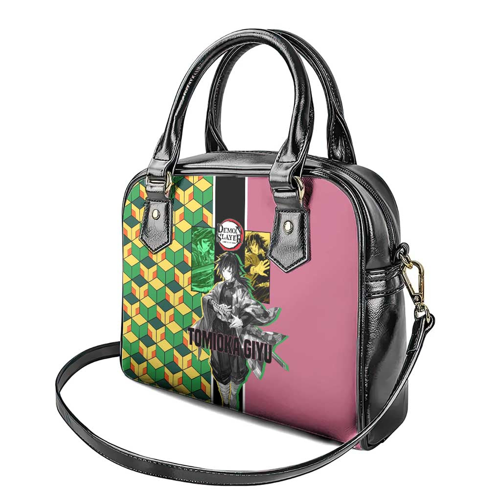 Giyu Tomioka from Demon Slayer Shoulder Handbag with Geometric Pattern Sleeve and Pink and Black Manga Panel Design - The Mazicc