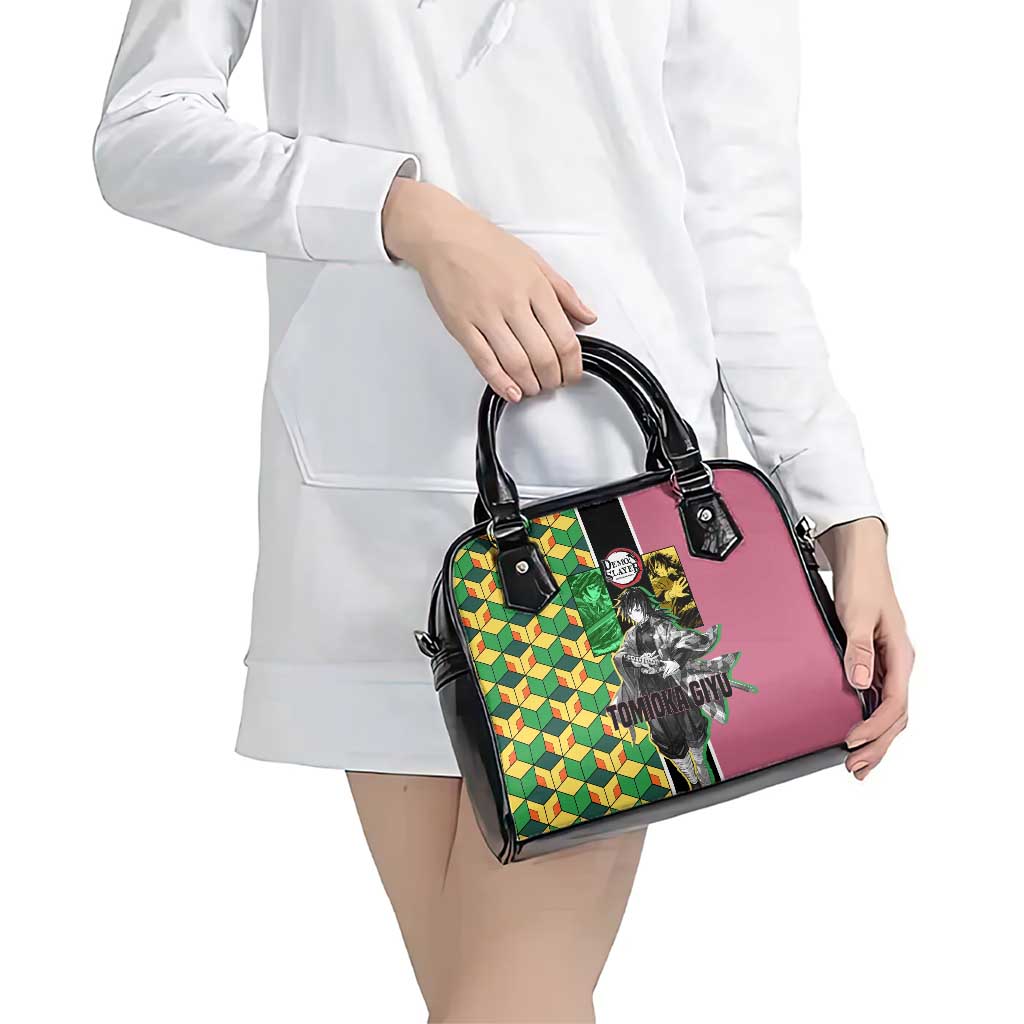 Giyu Tomioka from Demon Slayer Shoulder Handbag with Geometric Pattern Sleeve and Pink and Black Manga Panel Design - The Mazicc