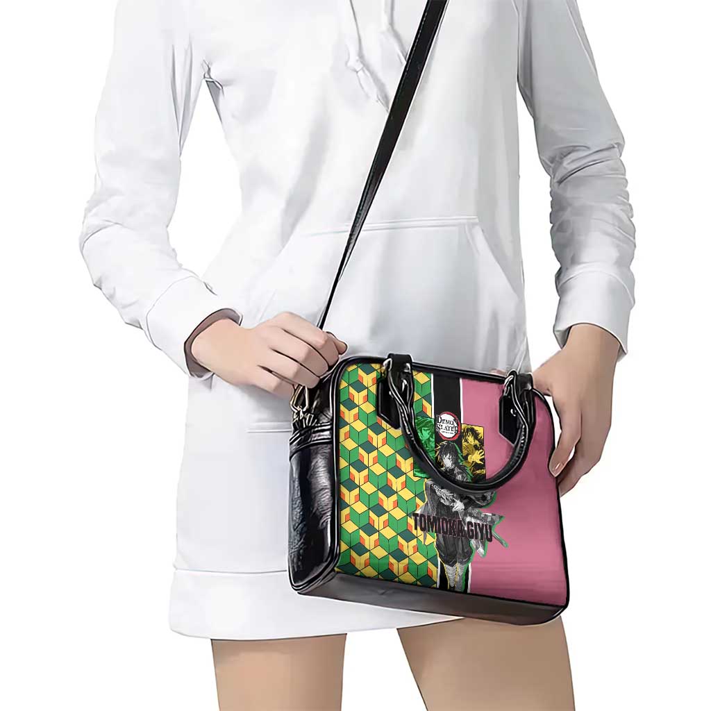 Giyu Tomioka from Demon Slayer Shoulder Handbag with Geometric Pattern Sleeve and Pink and Black Manga Panel Design - The Mazicc