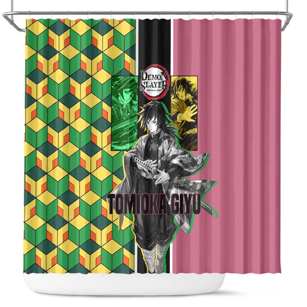 Giyu Tomioka from Demon Slayer Shower Curtain with Geometric Pattern Sleeve and Pink and Black Manga Panel Design - The Mazicc