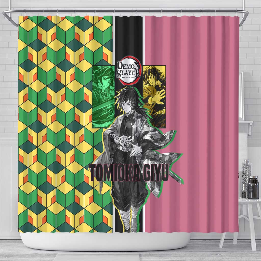 Giyu Tomioka from Demon Slayer Shower Curtain with Geometric Pattern Sleeve and Pink and Black Manga Panel Design - The Mazicc