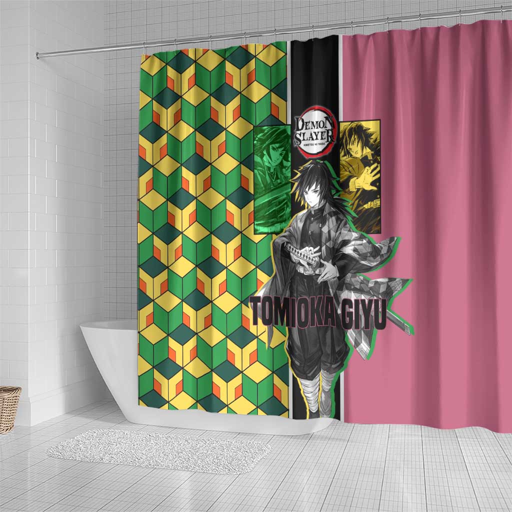 Giyu Tomioka from Demon Slayer Shower Curtain with Geometric Pattern Sleeve and Pink and Black Manga Panel Design - The Mazicc