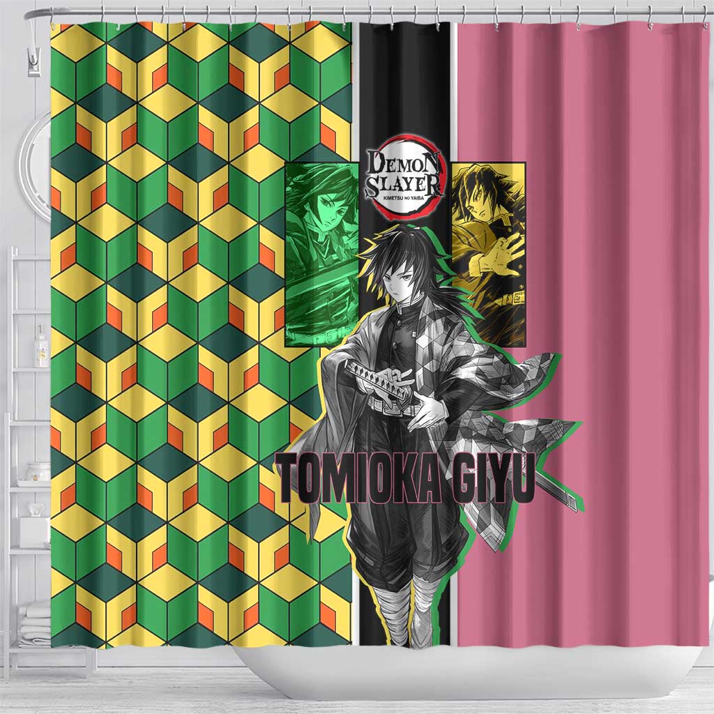 Giyu Tomioka from Demon Slayer Shower Curtain with Geometric Pattern Sleeve and Pink and Black Manga Panel Design - The Mazicc