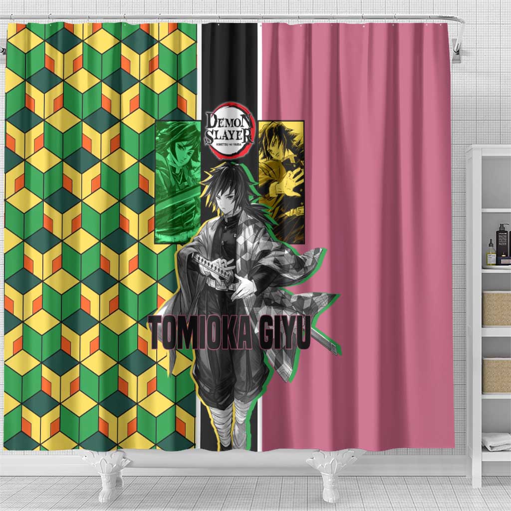 Giyu Tomioka from Demon Slayer Shower Curtain with Geometric Pattern Sleeve and Pink and Black Manga Panel Design - The Mazicc