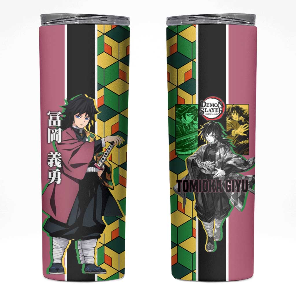Giyu Tomioka from Demon Slayer Skinny Tumbler with Geometric Pattern Sleeve and Pink and Black Manga Panel Design - The Mazicc