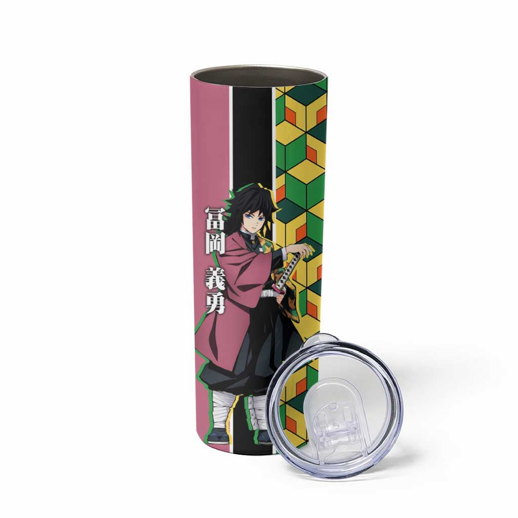 Giyu Tomioka from Demon Slayer Skinny Tumbler with Geometric Pattern Sleeve and Pink and Black Manga Panel Design - The Mazicc