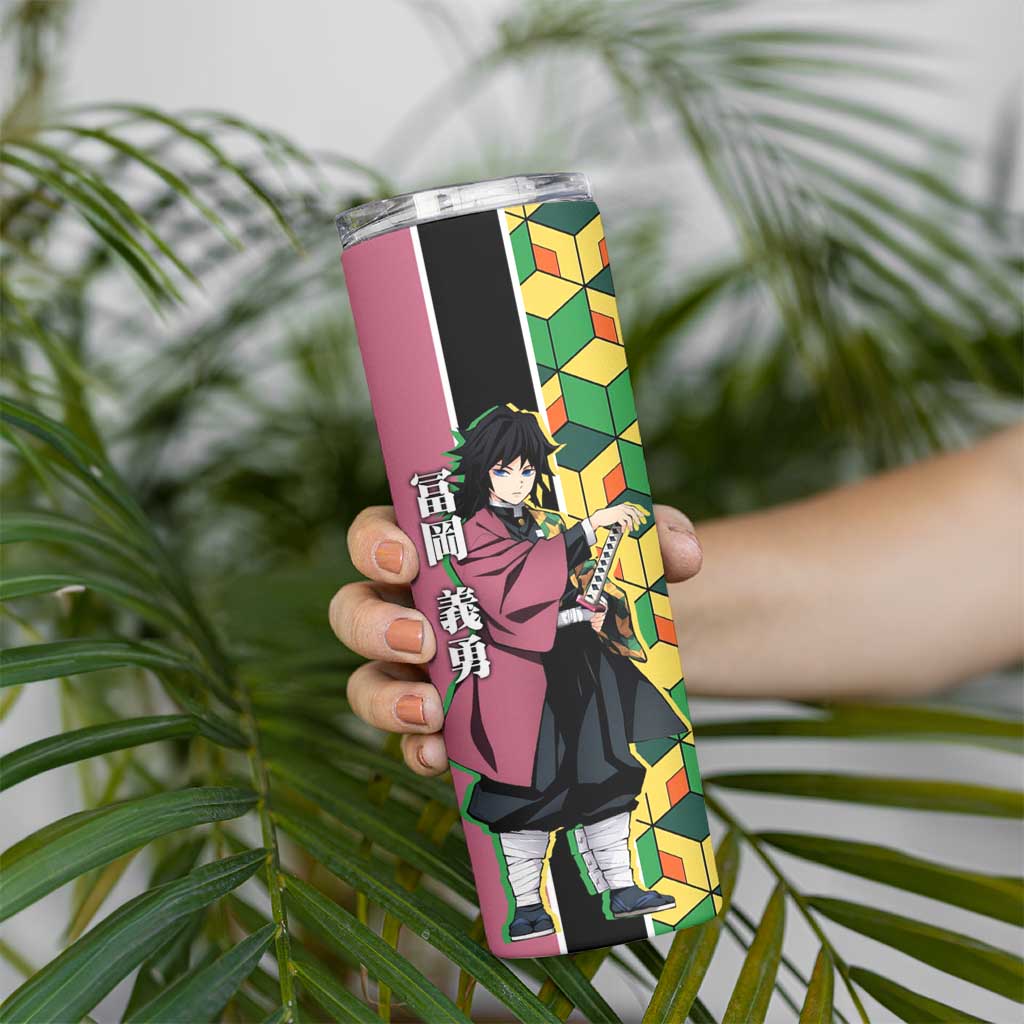 Giyu Tomioka from Demon Slayer Skinny Tumbler with Geometric Pattern Sleeve and Pink and Black Manga Panel Design - The Mazicc