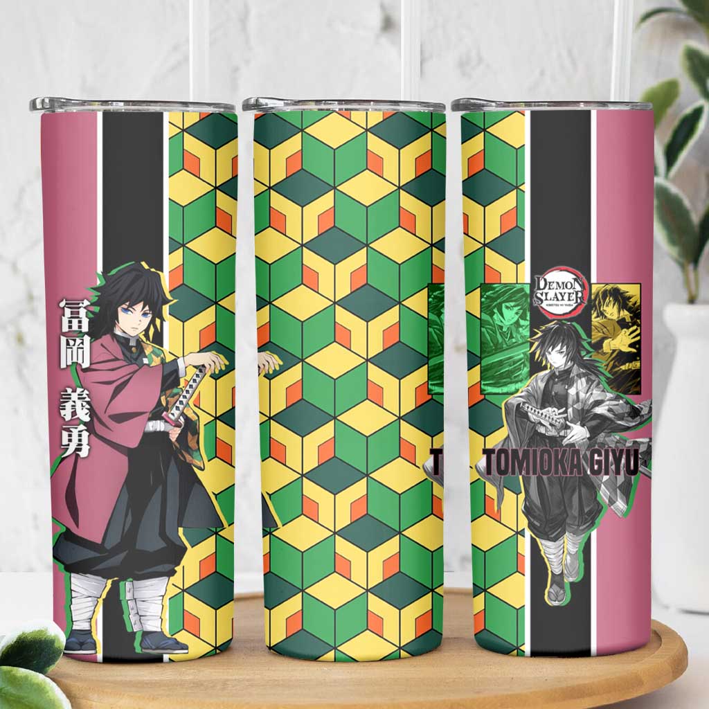 Giyu Tomioka from Demon Slayer Skinny Tumbler with Geometric Pattern Sleeve and Pink and Black Manga Panel Design - The Mazicc
