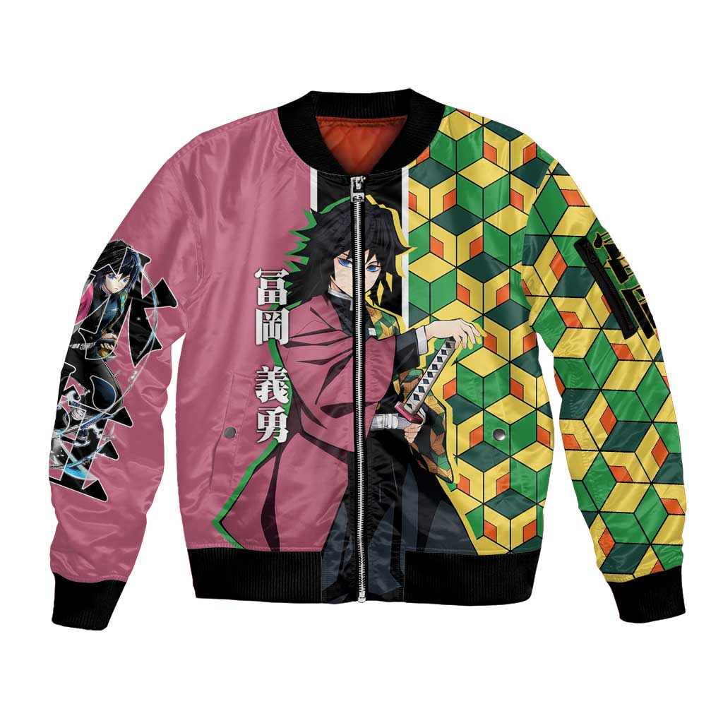 Giyu Tomioka from Demon Slayer Sleeve Zip Bomber Jacket with Geometric Pattern Sleeve and Pink and Black Manga Panel Design - The Mazicc