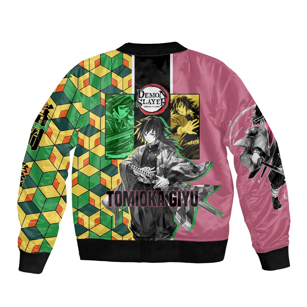 Giyu Tomioka from Demon Slayer Sleeve Zip Bomber Jacket with Geometric Pattern Sleeve and Pink and Black Manga Panel Design - The Mazicc