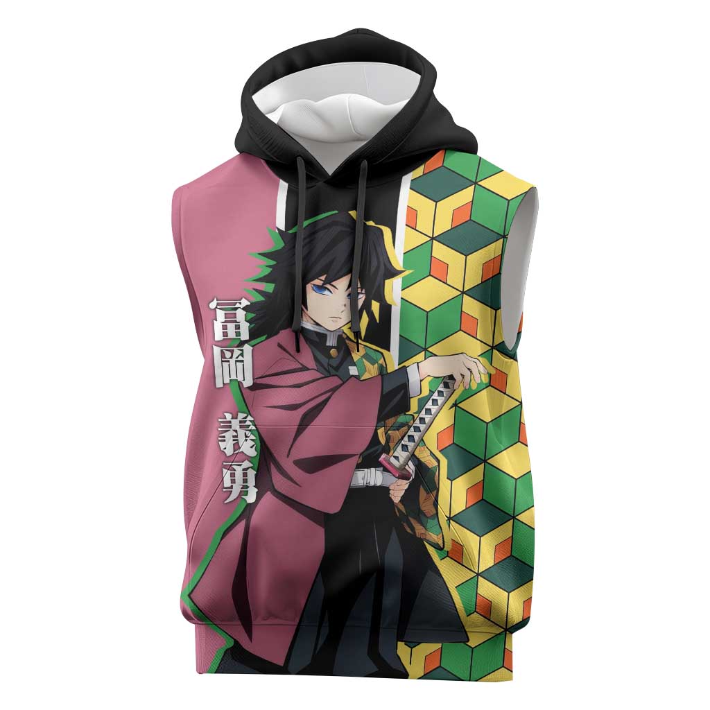Giyu Tomioka from Demon Slayer Sleeveless Hoodie with Geometric Pattern Sleeve and Pink and Black Manga Panel Design - The Mazicc