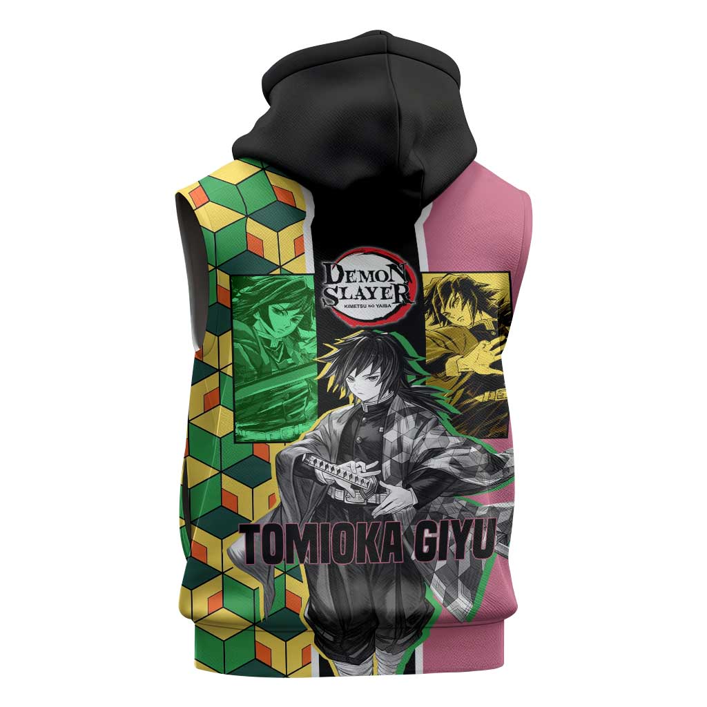 Giyu Tomioka from Demon Slayer Sleeveless Hoodie with Geometric Pattern Sleeve and Pink and Black Manga Panel Design - The Mazicc