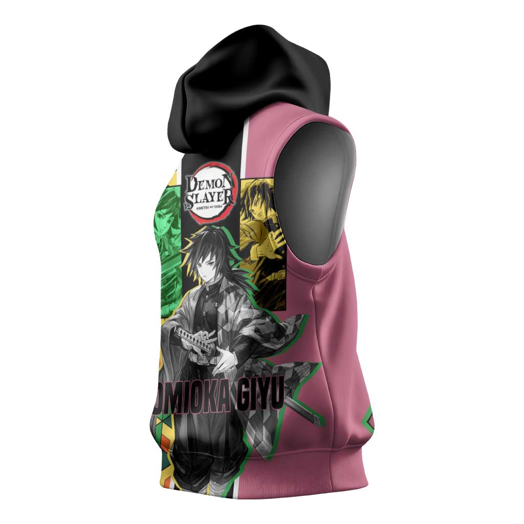 Giyu Tomioka from Demon Slayer Sleeveless Hoodie with Geometric Pattern Sleeve and Pink and Black Manga Panel Design - The Mazicc