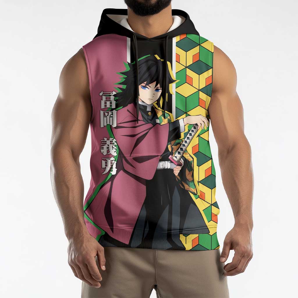 Giyu Tomioka from Demon Slayer Sleeveless Hoodie with Geometric Pattern Sleeve and Pink and Black Manga Panel Design - The Mazicc