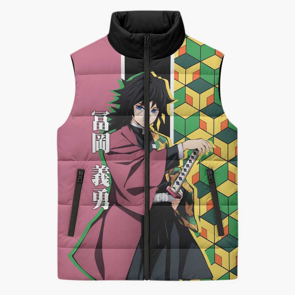 Giyu Tomioka from Demon Slayer Sleeveless Puffer Jacket with Geometric Pattern Sleeve and Pink and Black Manga Panel Design - The Mazicc