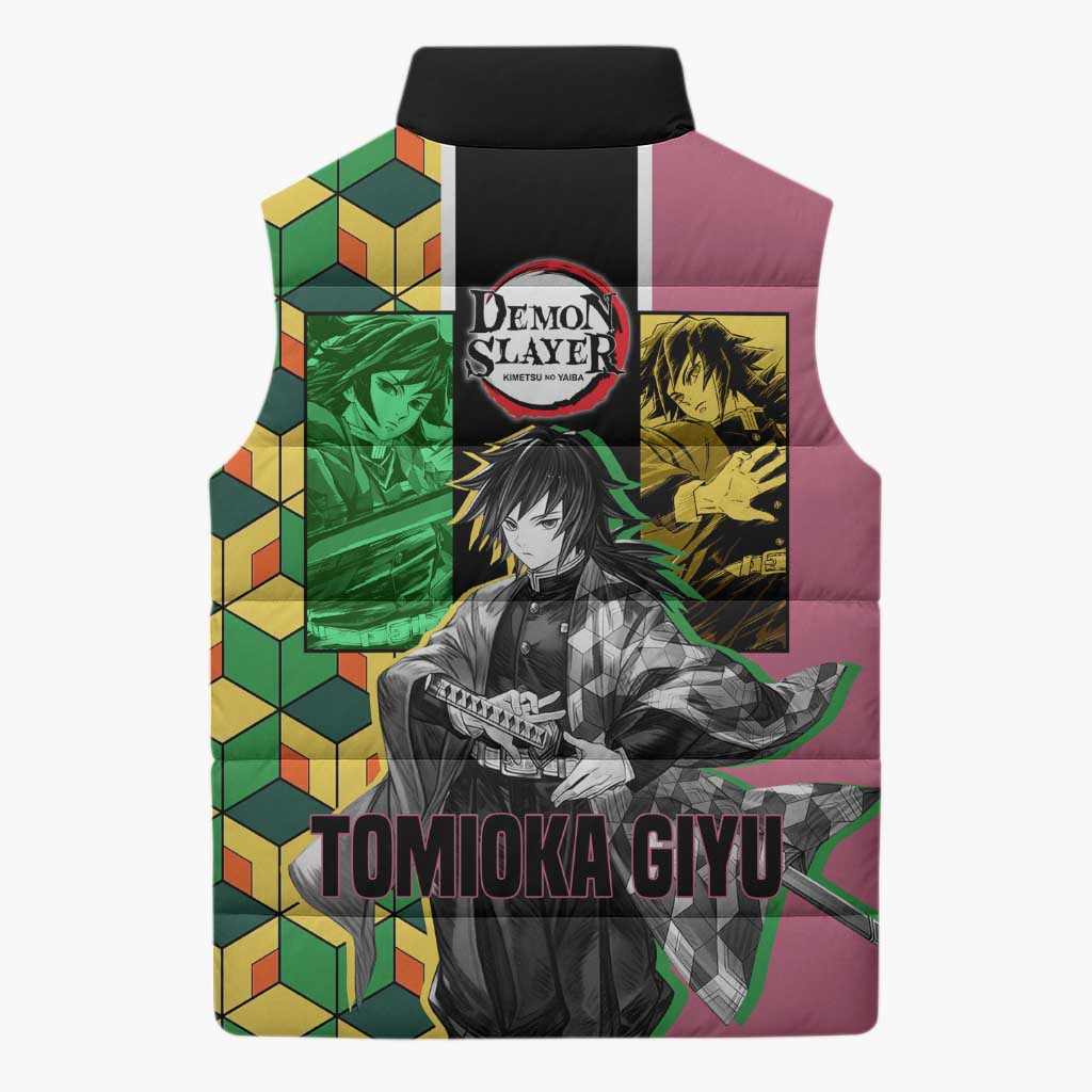 Giyu Tomioka from Demon Slayer Sleeveless Puffer Jacket with Geometric Pattern Sleeve and Pink and Black Manga Panel Design - The Mazicc