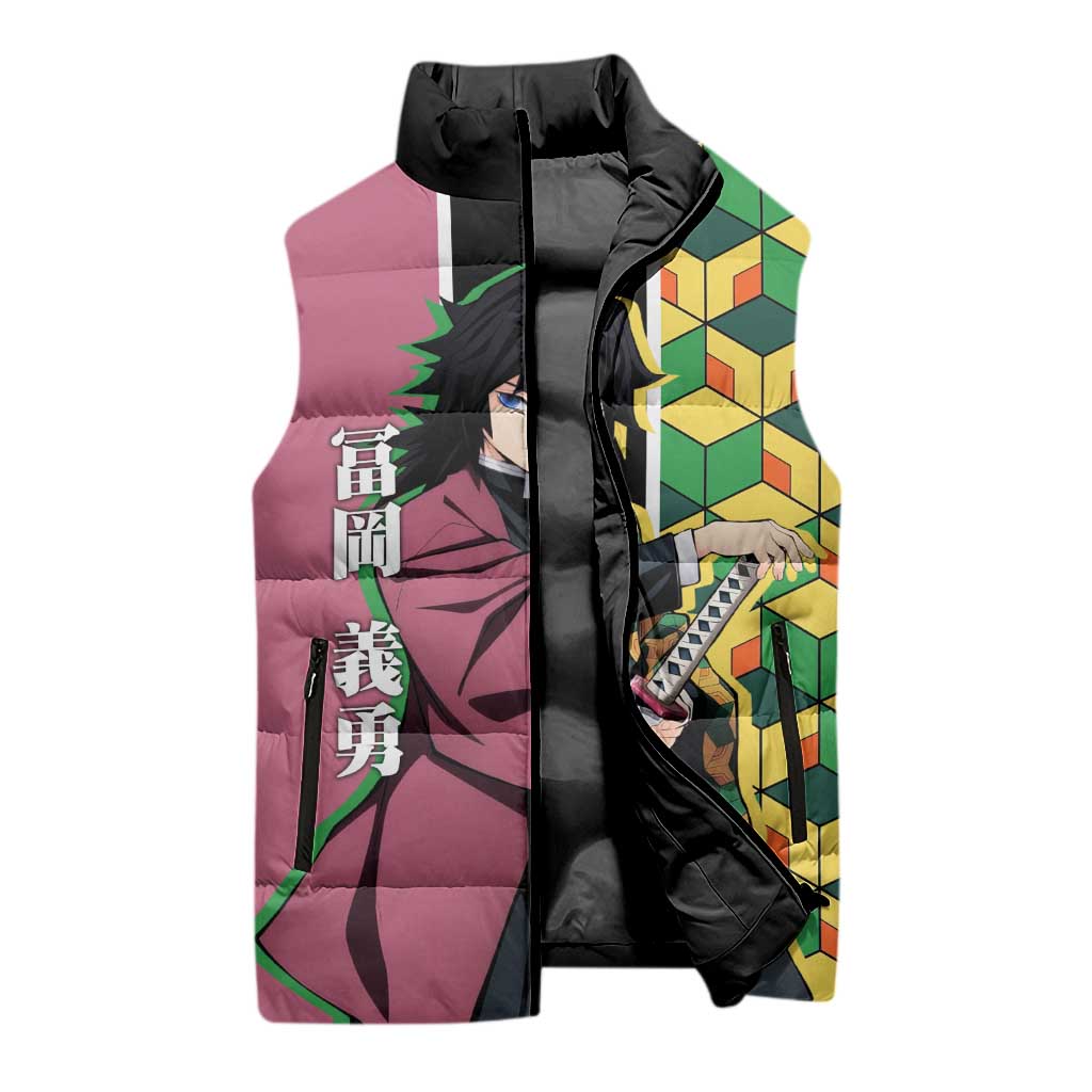 Giyu Tomioka from Demon Slayer Sleeveless Puffer Jacket with Geometric Pattern Sleeve and Pink and Black Manga Panel Design - The Mazicc