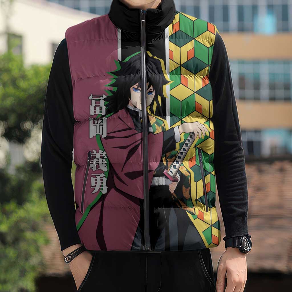 Giyu Tomioka from Demon Slayer Sleeveless Puffer Jacket with Geometric Pattern Sleeve and Pink and Black Manga Panel Design - The Mazicc