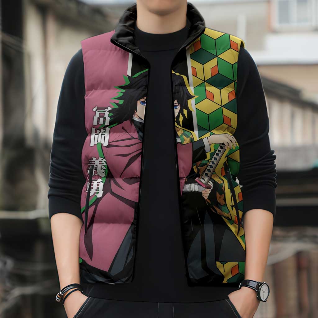 Giyu Tomioka from Demon Slayer Sleeveless Puffer Jacket with Geometric Pattern Sleeve and Pink and Black Manga Panel Design - The Mazicc