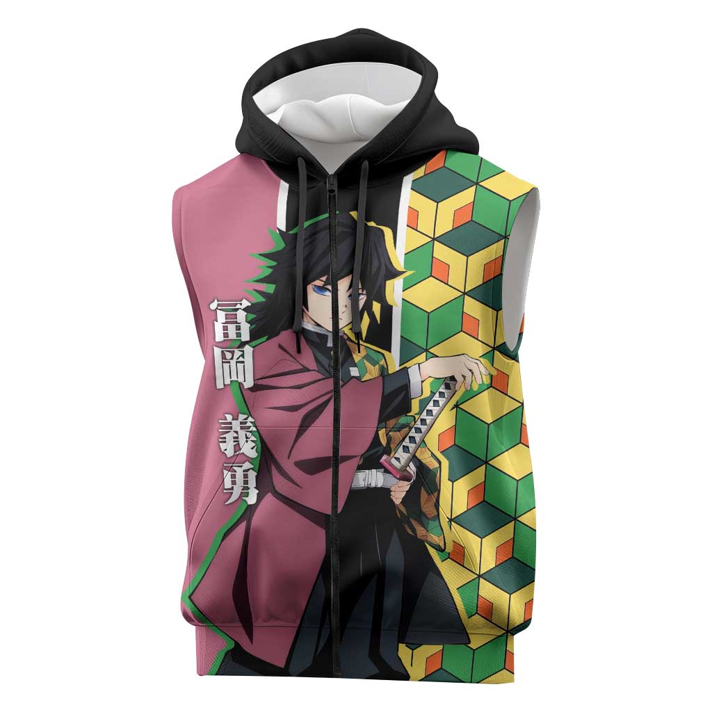 Giyu Tomioka from Demon Slayer Sleeveless Zip Hoodie with Geometric Pattern Sleeve and Pink and Black Manga Panel Design - The Mazicc