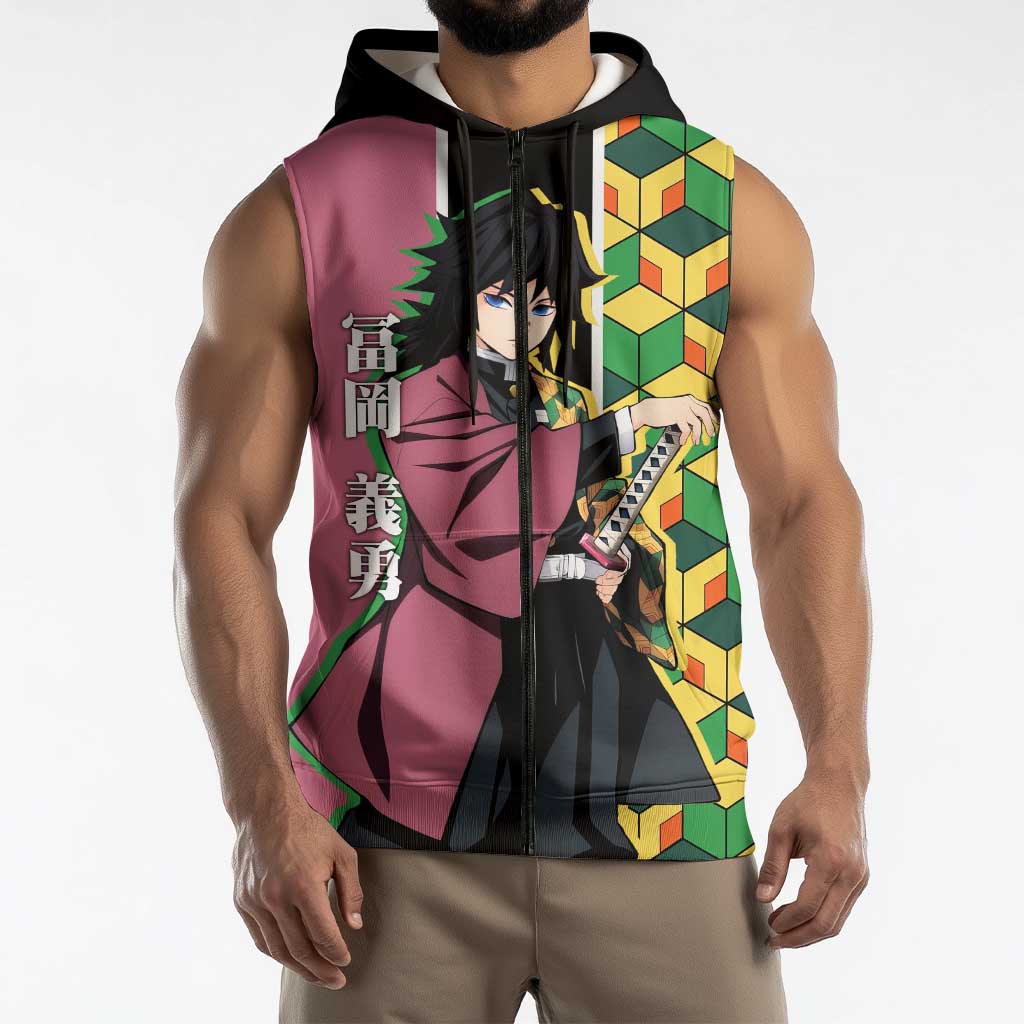Giyu Tomioka from Demon Slayer Sleeveless Zip Hoodie with Geometric Pattern Sleeve and Pink and Black Manga Panel Design - The Mazicc