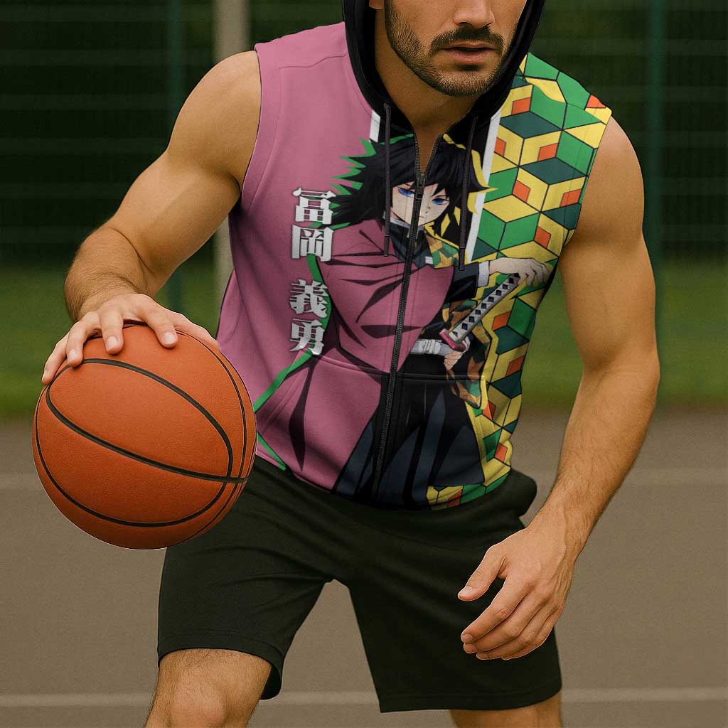 Giyu Tomioka from Demon Slayer Sleeveless Zip Hoodie with Geometric Pattern Sleeve and Pink and Black Manga Panel Design - The Mazicc