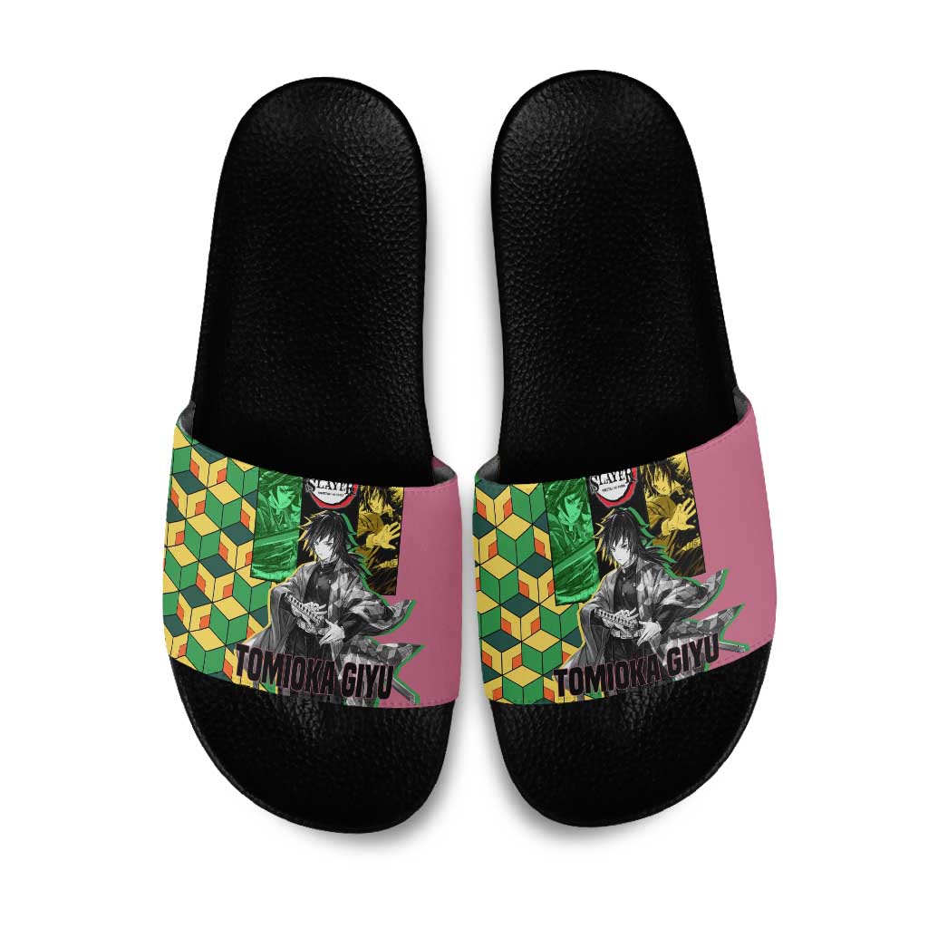 Giyu Tomioka from Demon Slayer Slide Sandals with Geometric Pattern Sleeve and Pink and Black Manga Panel Design - The Mazicc