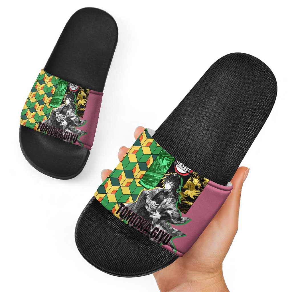 Giyu Tomioka from Demon Slayer Slide Sandals with Geometric Pattern Sleeve and Pink and Black Manga Panel Design - The Mazicc