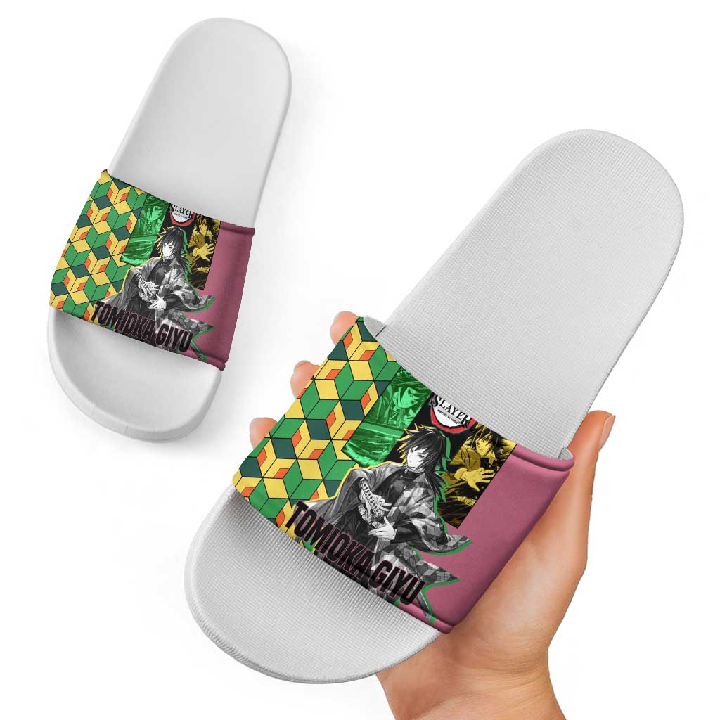 Giyu Tomioka from Demon Slayer Slide Sandals with Geometric Pattern Sleeve and Pink and Black Manga Panel Design - The Mazicc