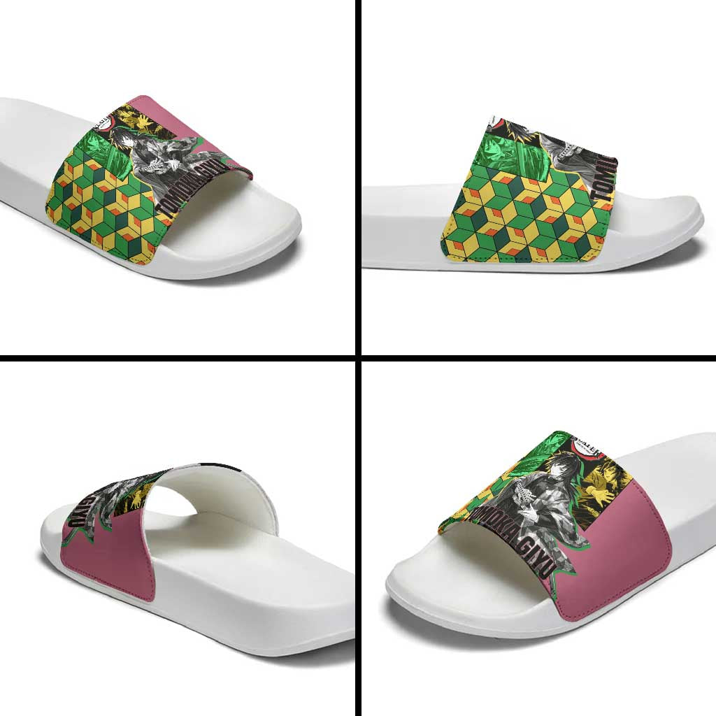 Giyu Tomioka from Demon Slayer Slide Sandals with Geometric Pattern Sleeve and Pink and Black Manga Panel Design - The Mazicc