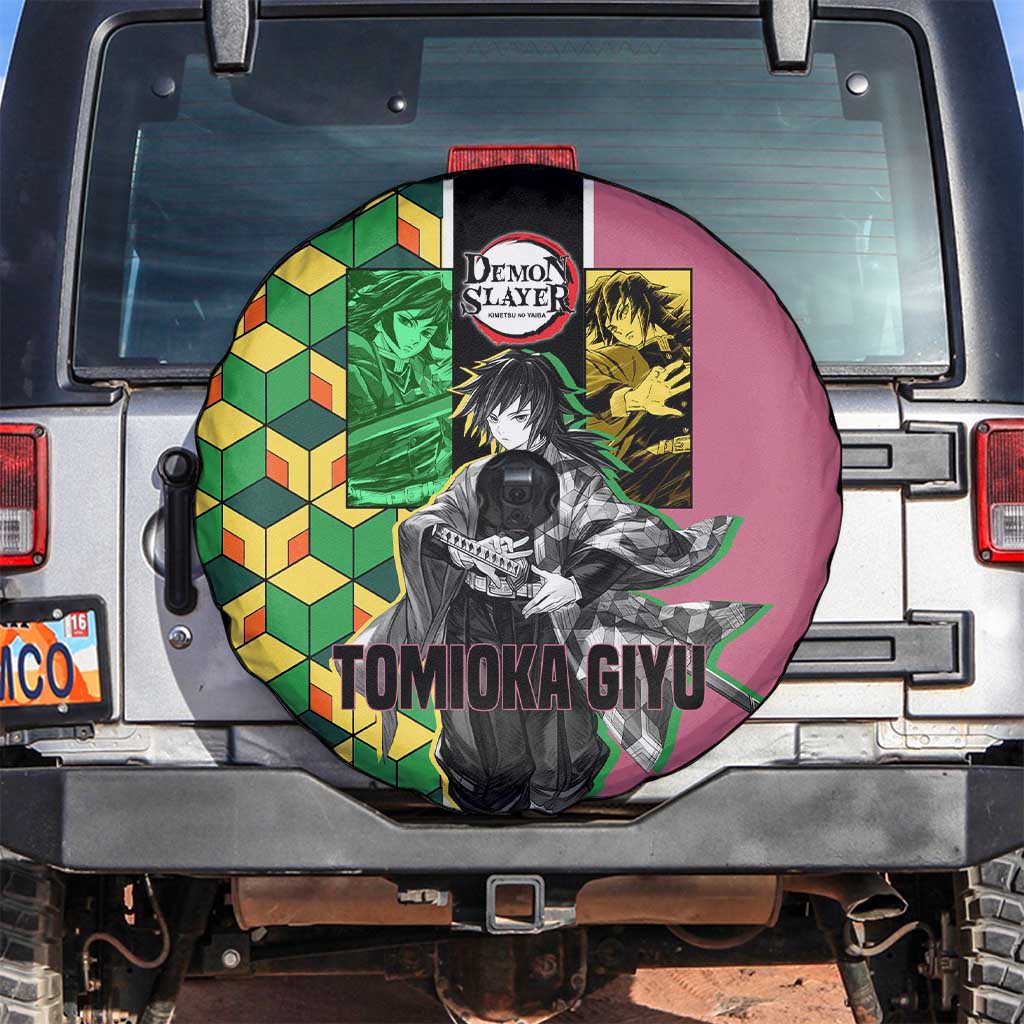 Giyu Tomioka from Demon Slayer Spare Tire Cover with Geometric Pattern Sleeve and Pink and Black Manga Panel Design - The Mazicc