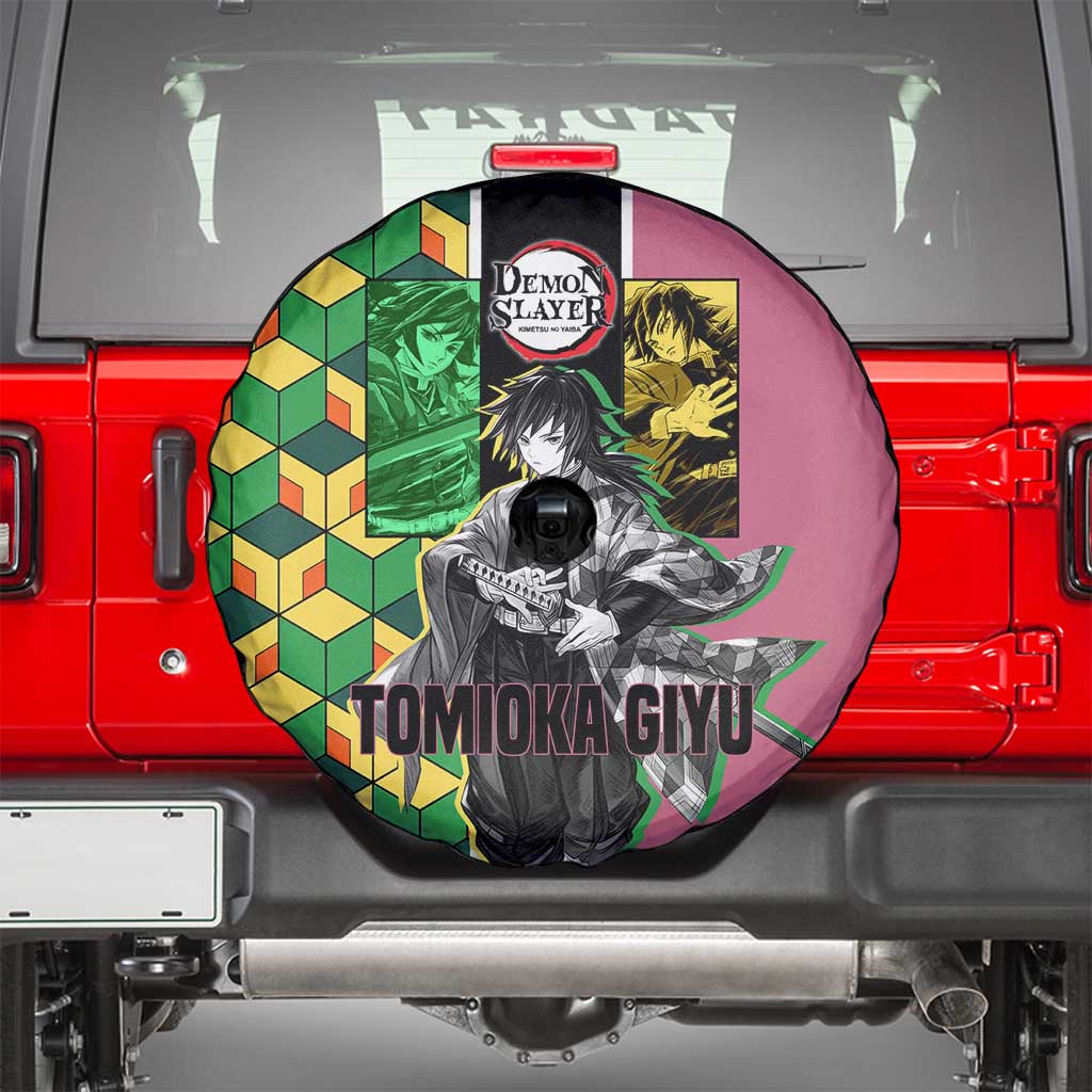 Giyu Tomioka from Demon Slayer Spare Tire Cover with Geometric Pattern Sleeve and Pink and Black Manga Panel Design - The Mazicc
