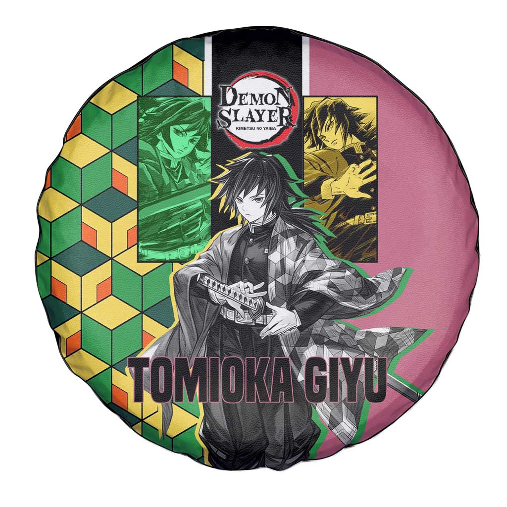 Giyu Tomioka from Demon Slayer Spare Tire Cover with Geometric Pattern Sleeve and Pink and Black Manga Panel Design - The Mazicc