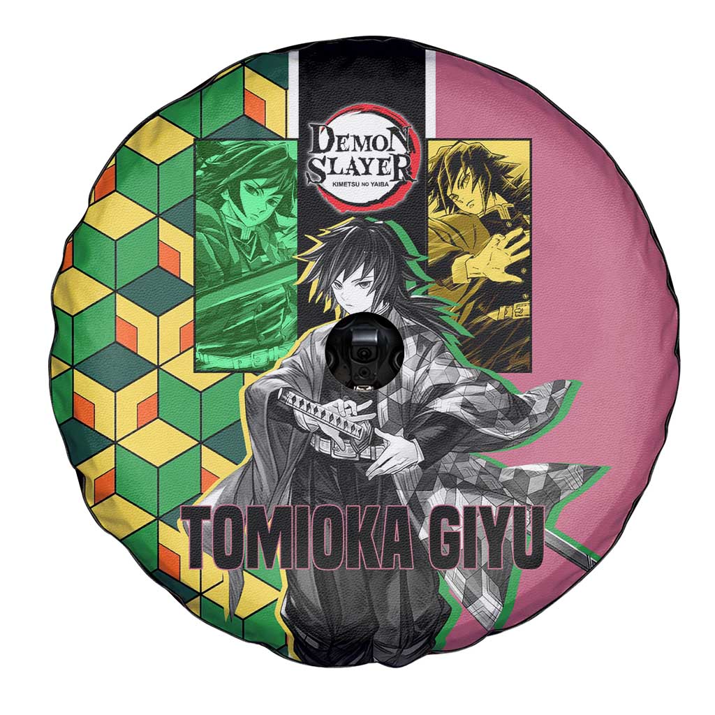 Giyu Tomioka from Demon Slayer Spare Tire Cover with Geometric Pattern Sleeve and Pink and Black Manga Panel Design - The Mazicc