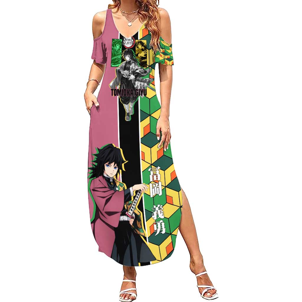Giyu Tomioka from Demon Slayer Summer Maxi Dress with Geometric Pattern Sleeve and Pink and Black Manga Panel Design - The Mazicc