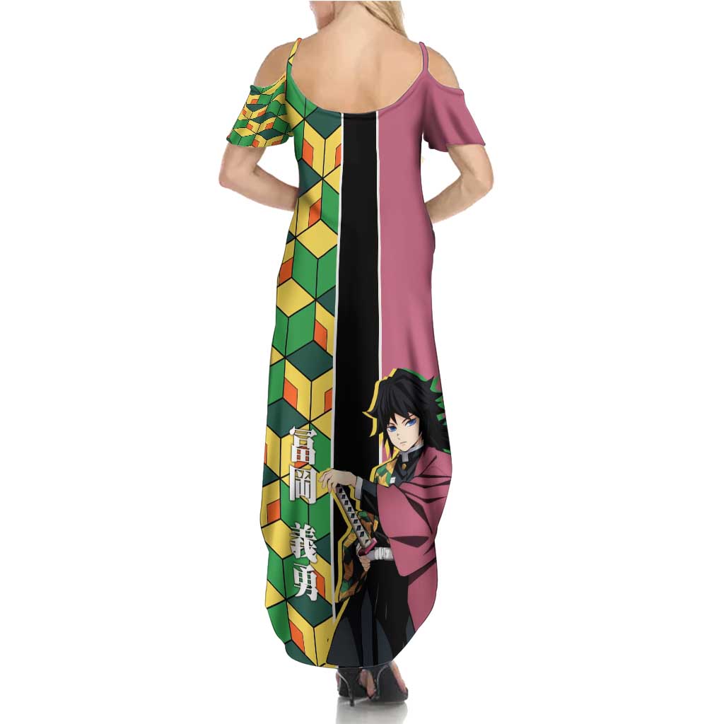 Giyu Tomioka from Demon Slayer Summer Maxi Dress with Geometric Pattern Sleeve and Pink and Black Manga Panel Design - The Mazicc