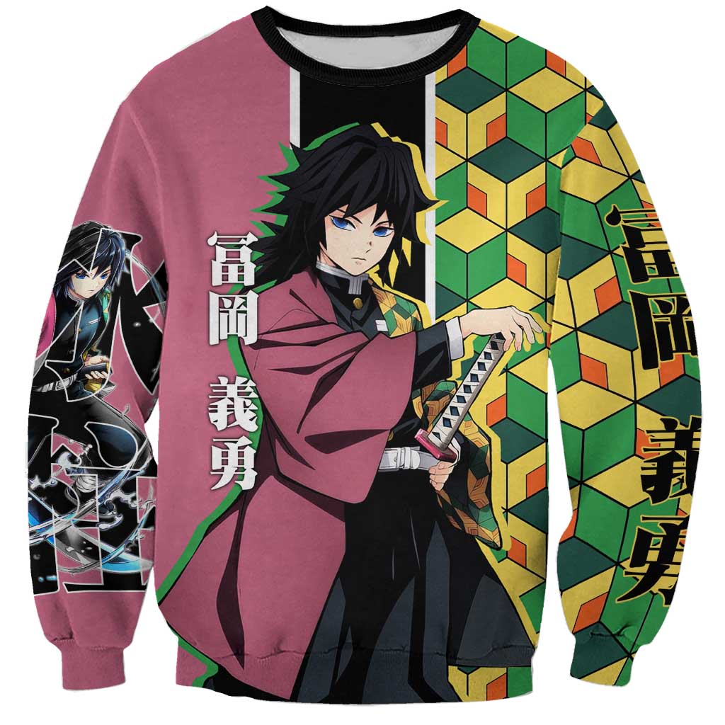 Giyu Tomioka from Demon Slayer Sweatshirt with Geometric Pattern Sleeve and Pink and Black Manga Panel Design - The Mazicc
